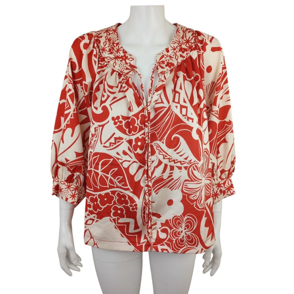 Ciebon KATARI Red Ivory Floral 3/4 Sleeve Pullover Blouse Womens L
